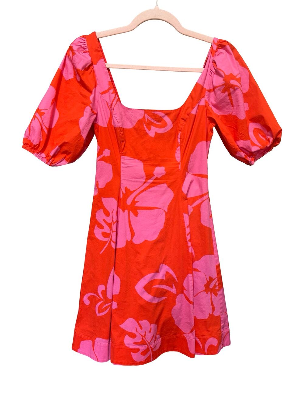 STAUD Hibiscus Floral Puff Sleeve Square Neck Mini Dress Size 2